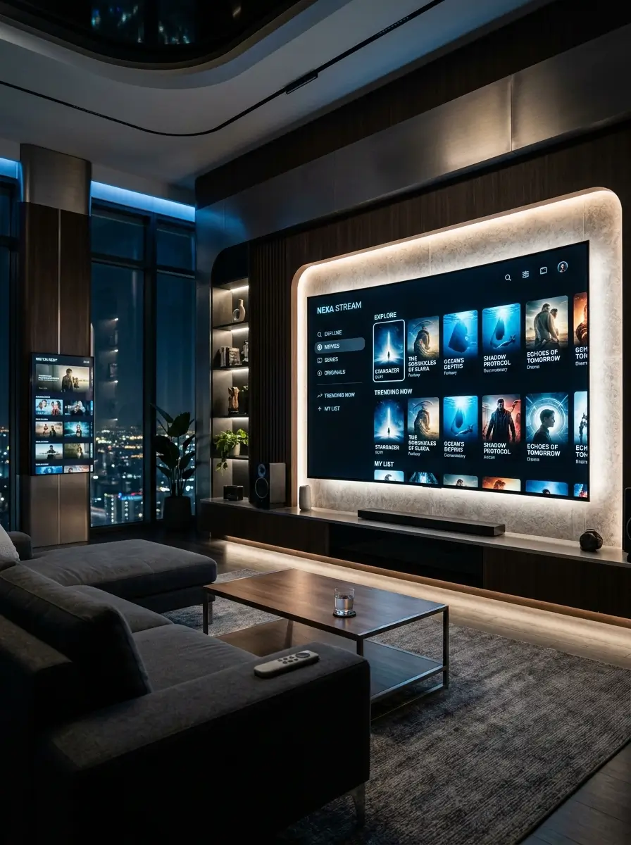 Original IPTV UK streaming interface with abstract entertainment graphics on a modern smart television