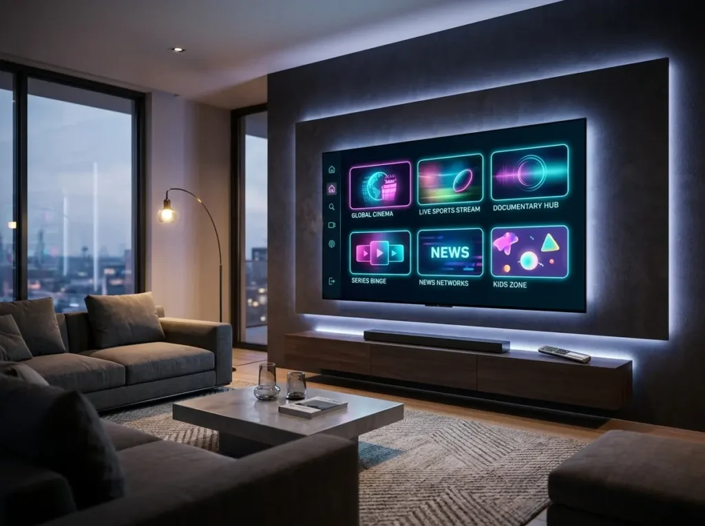 Best IPTV providers inspired smart TV interface with futuristic streaming categories and digital entertainment visuals.