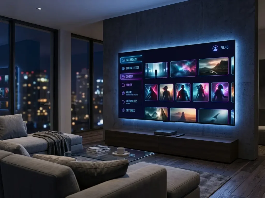 IPTV Sub inspired smart television interface with generic streaming categories and modern digital entertainment visuals.