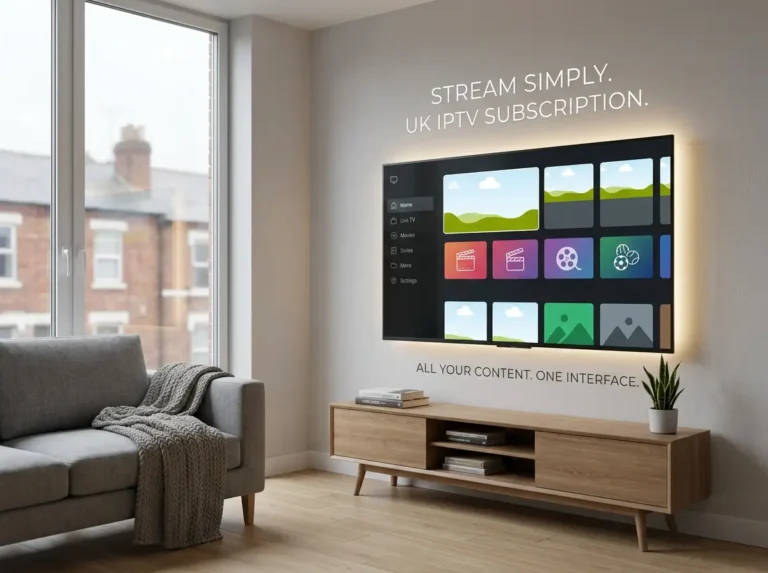Elegant living room featuring a smart television with a clean UK IPTV subscription inspired streaming dashboard.