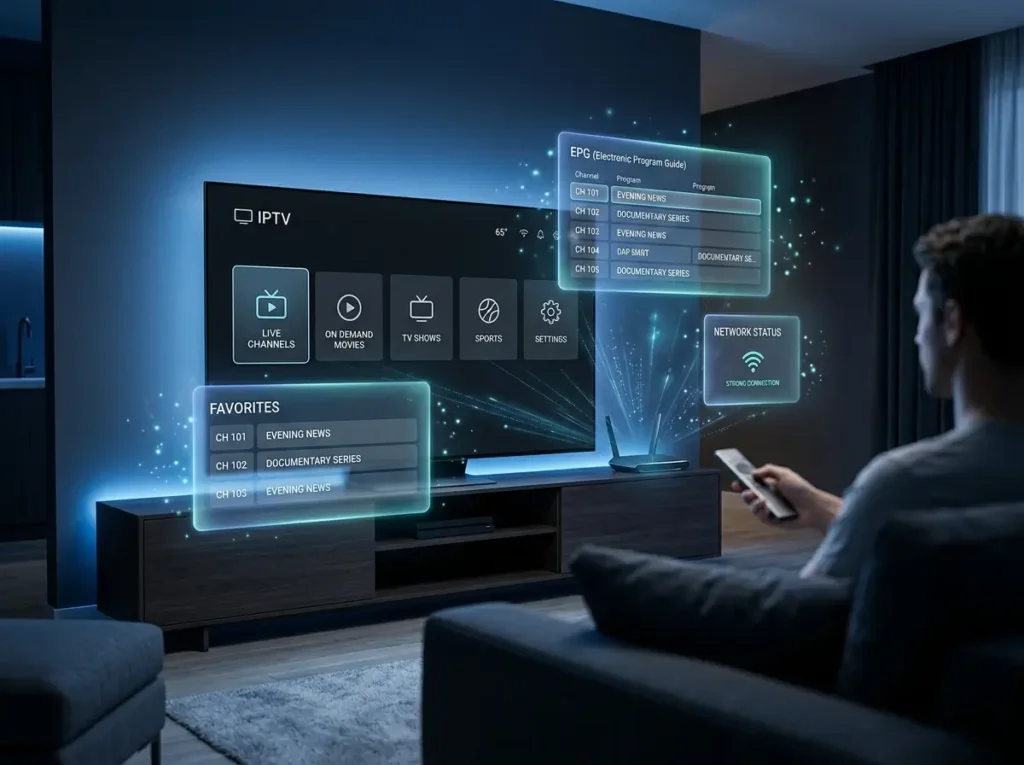 UK IPTV subscription concept displayed on a modern smart TV with generic streaming categories and digital media interface.