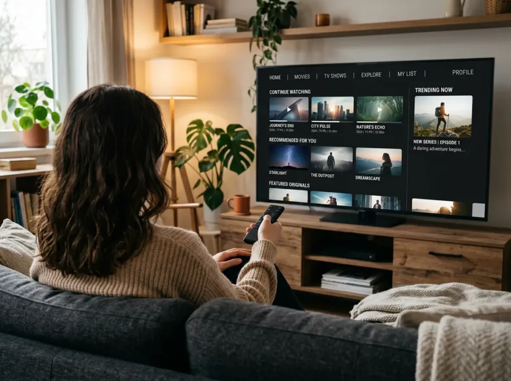 Modern smart TV displaying a generic streaming interface with a 3 days free trial promotion in a neon-lit living room.