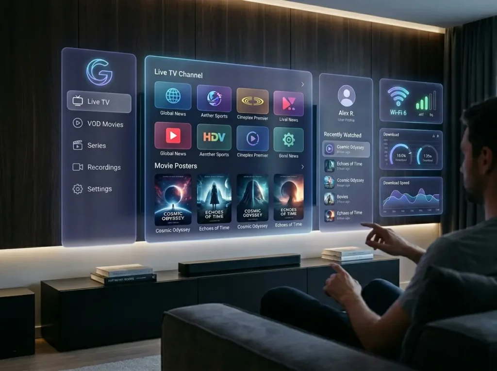 Luxury smart home setup featuring a generic IPTV Smarters inspired streaming interface on a large television.