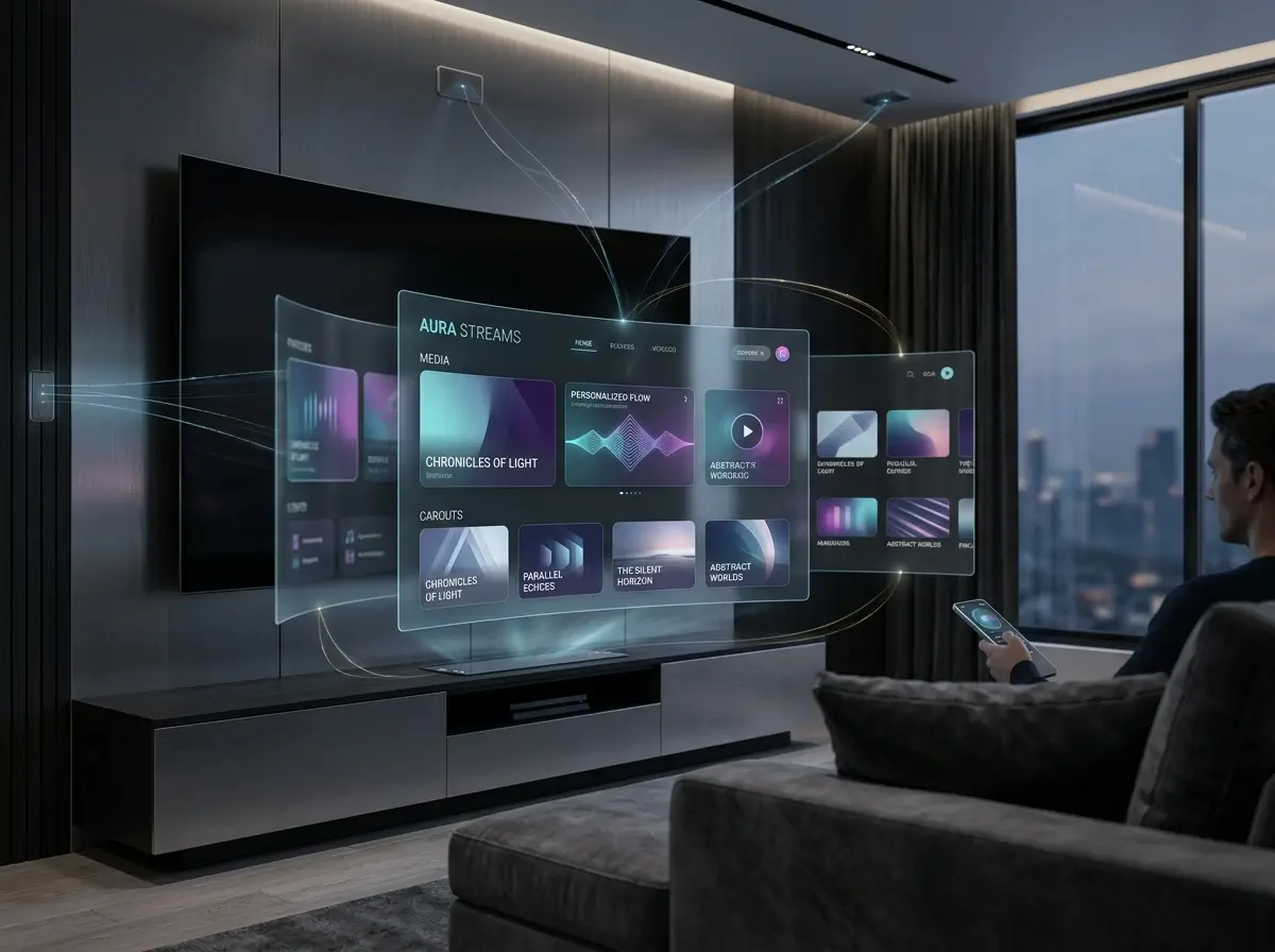 IPTV Smart Player inspired media interface displayed on a modern smart television with generic streaming categories.