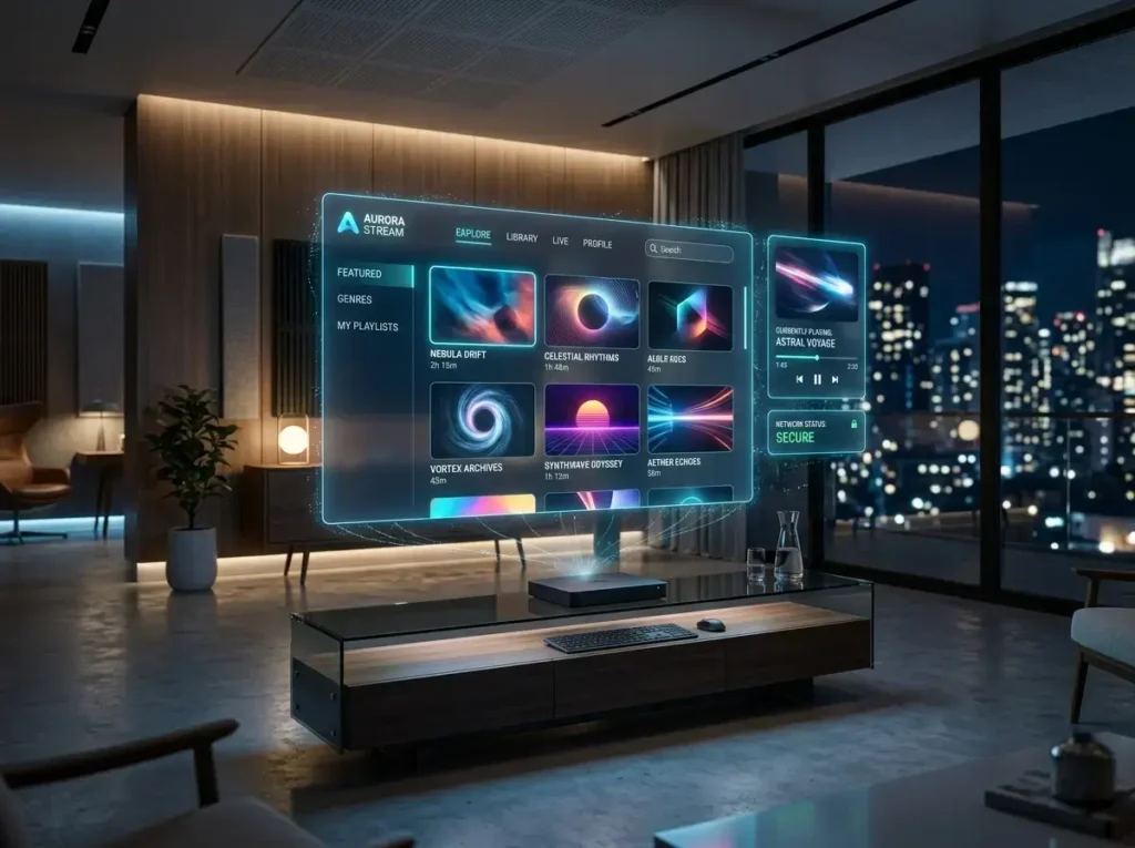 Futuristic Smart IPTV inspired dashboard with abstract media panels and wireless connectivity graphics.