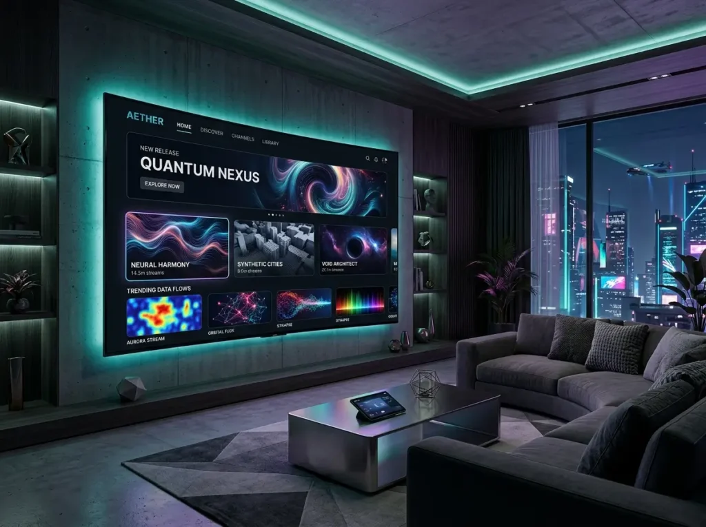 Futuristic IPTV Smart Player inspired dashboard with abstract media panels and wireless connectivity graphics.