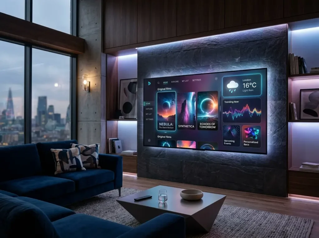UK IPTV inspired smart television interface featuring generic streaming categories and modern digital entertainment visuals.