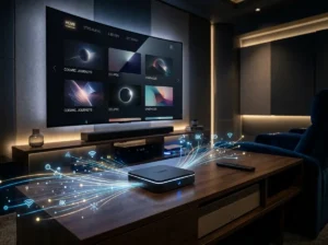 Modern IPTV Box inspired media setup featuring a generic television dashboard and wireless connectivity graphics.
