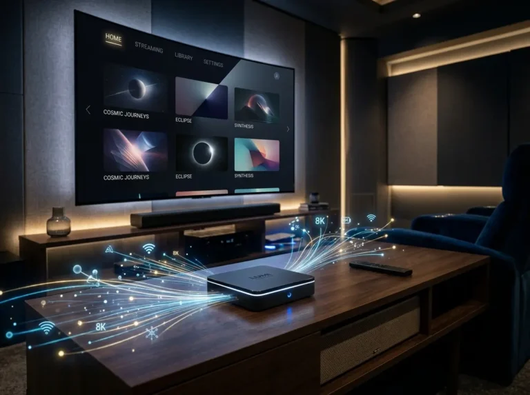 Modern IPTV Box inspired media setup featuring a generic television dashboard and wireless connectivity graphics.