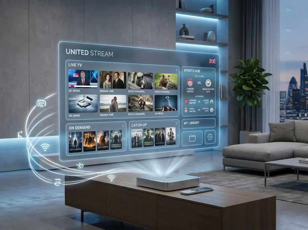 Modern UK IPTV themed streaming environment with abstract media panels and wireless connectivity graphics.
