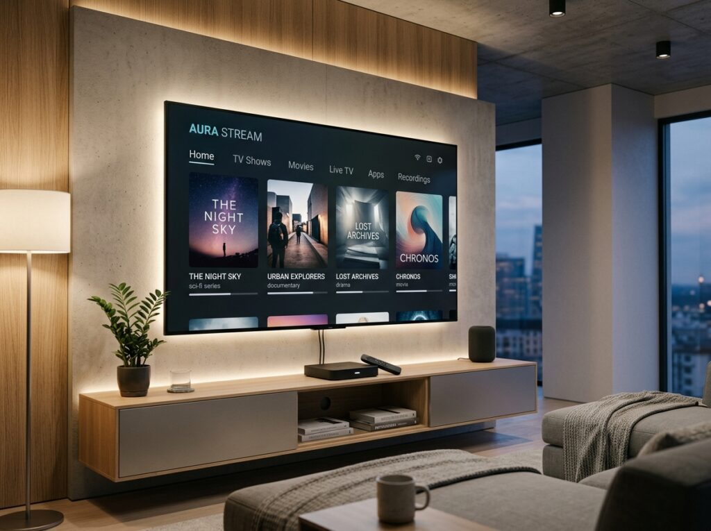 IPTV Box inspired streaming device connected to a modern television with a generic digital entertainment interface.