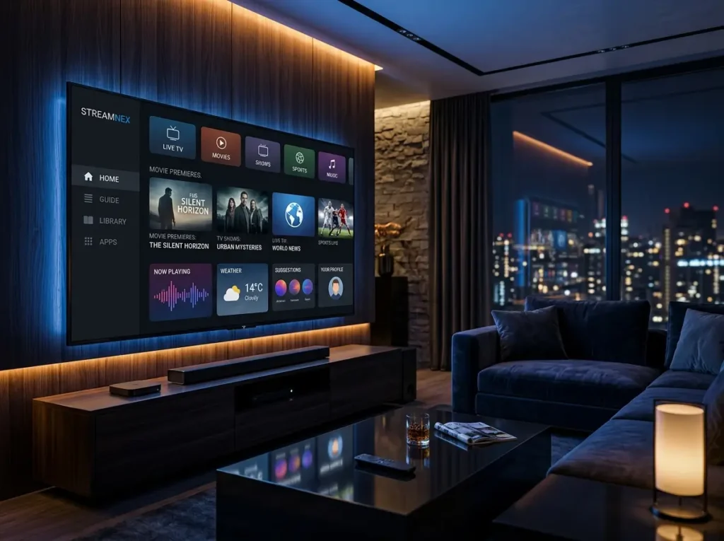 Modern IPTV with Subscription themed environment with abstract media panels and wireless connectivity graphics.
