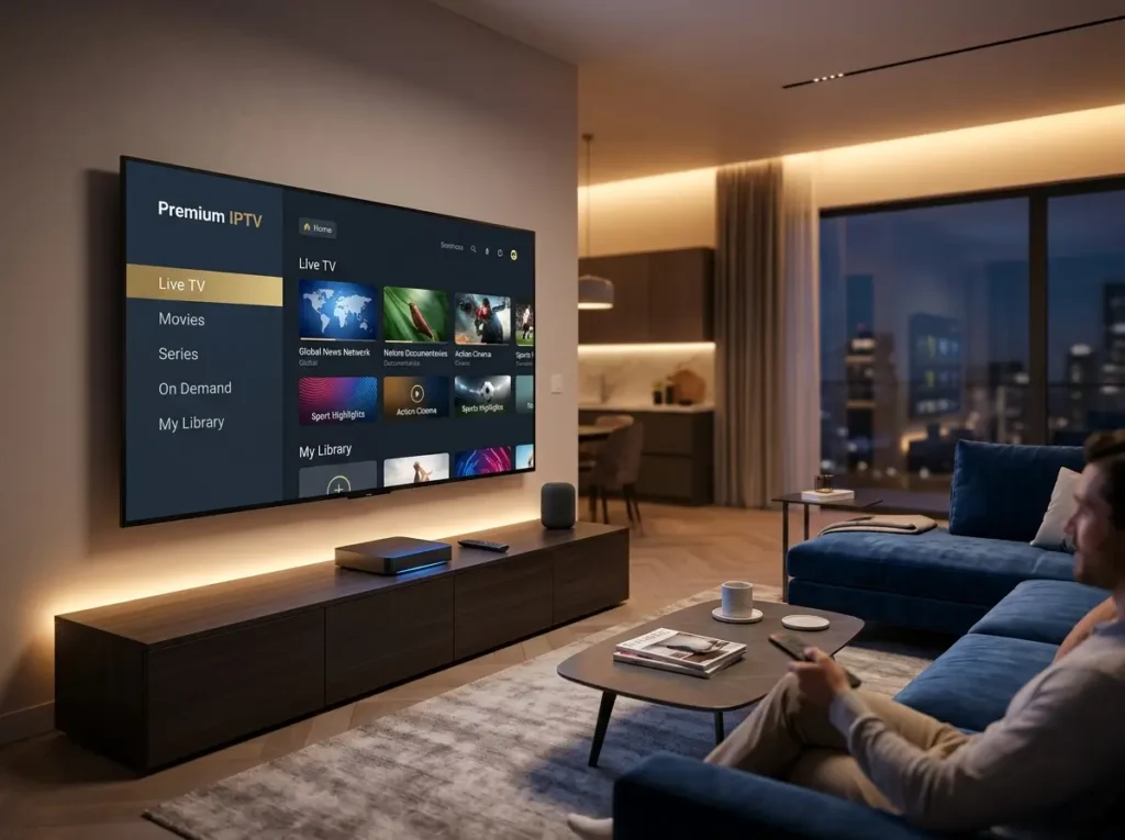Luxury living room featuring a television displaying a generic IPTV with Subscription inspired interface.