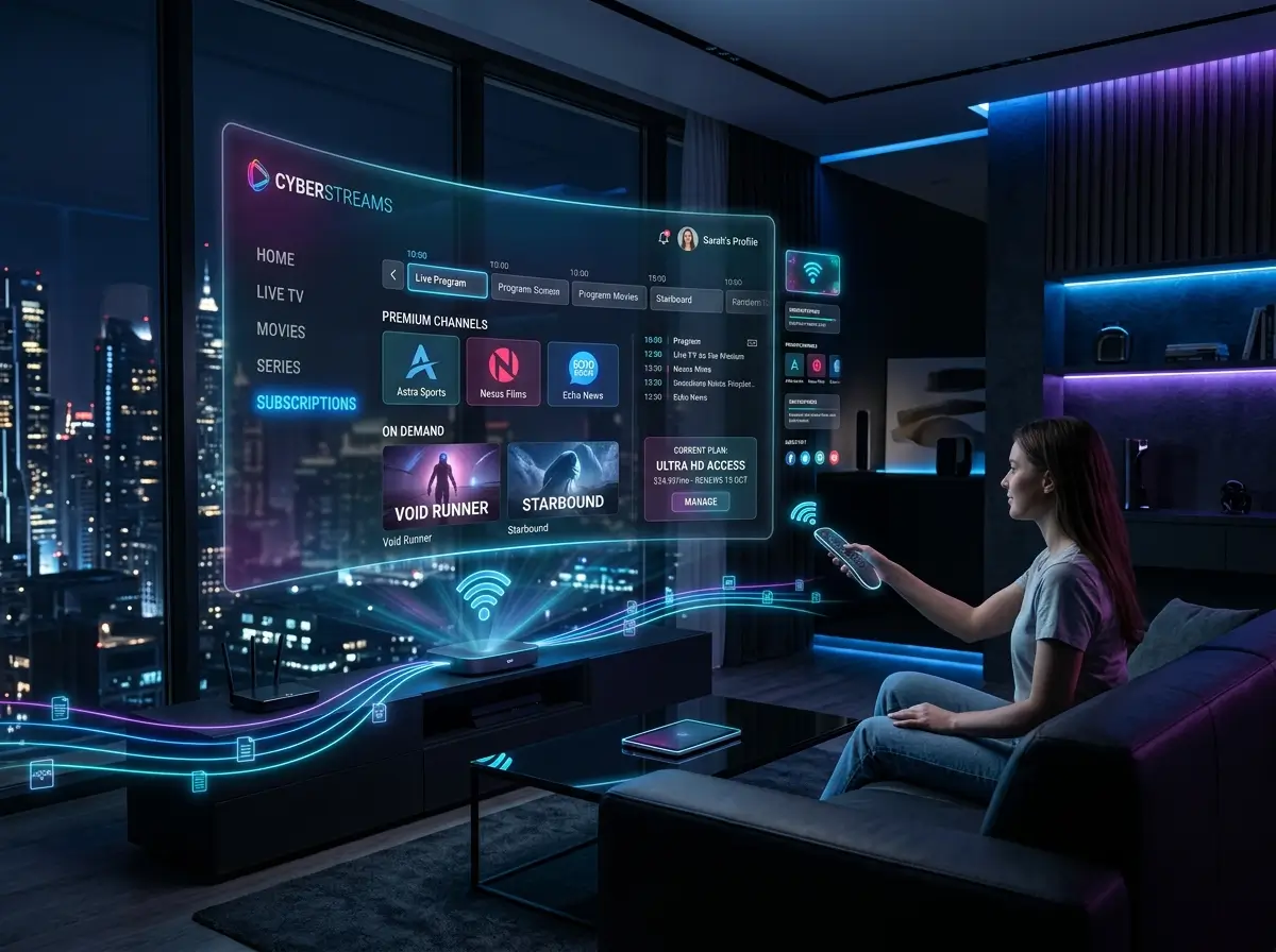 IPTV with Subscription inspired smart television setup featuring a generic streaming dashboard and modern digital entertainment visuals.