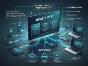 Educational illustration explaining what is IPTV using a generic smart television, internet connection symbols, and digital streaming graphics.