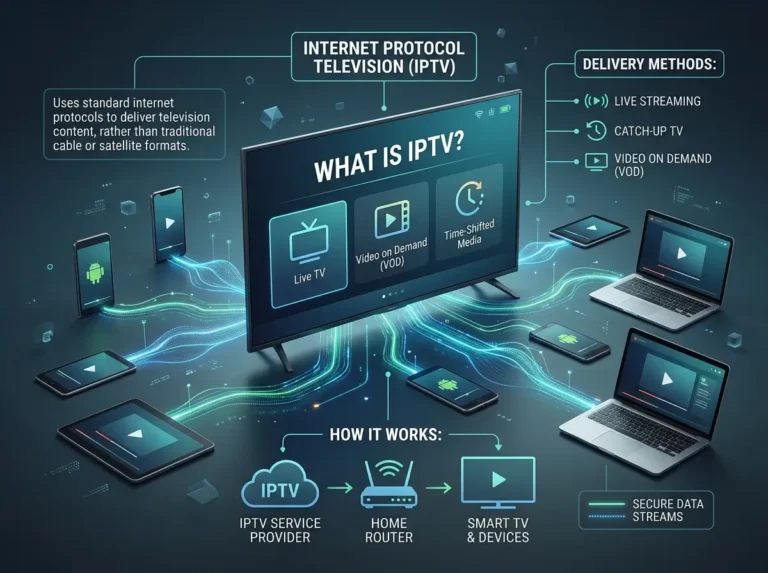 Educational illustration explaining what is IPTV using a generic smart television, internet connection symbols, and digital streaming graphics.