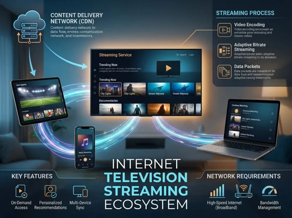 Modern infographic style representation of what IPTV is, featuring abstract streaming icons and network connectivity visuals.