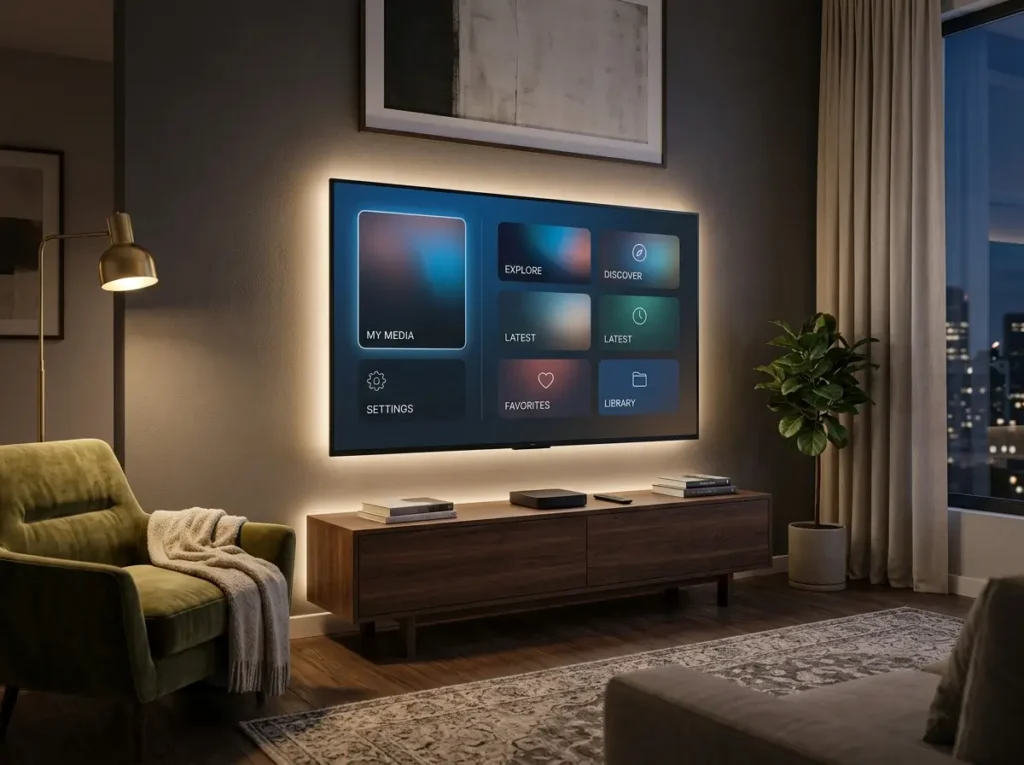 Minimalist living room with an IPTV Box inspired streaming device connected to a smart television.