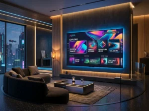 Smart IPTV inspired digital entertainment interface displayed on a modern smart television with generic streaming categories.
