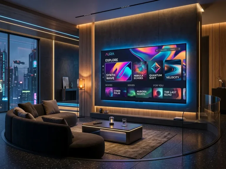 Smart IPTV inspired digital entertainment interface displayed on a modern smart television with generic streaming categories.