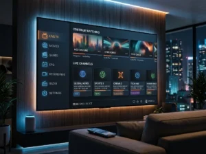 IPTV Smarters inspired streaming dashboard displayed on a modern smart television with generic entertainment categories.