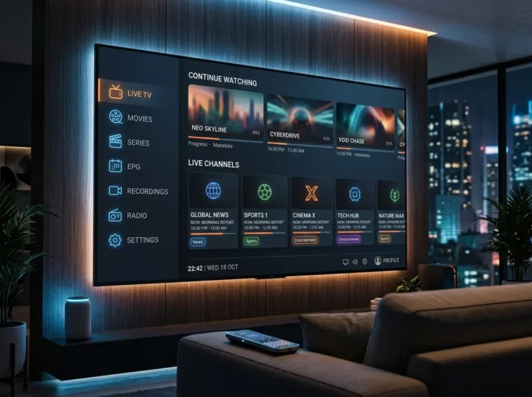 IPTV Smarters inspired streaming dashboard displayed on a modern smart television with generic entertainment categories.