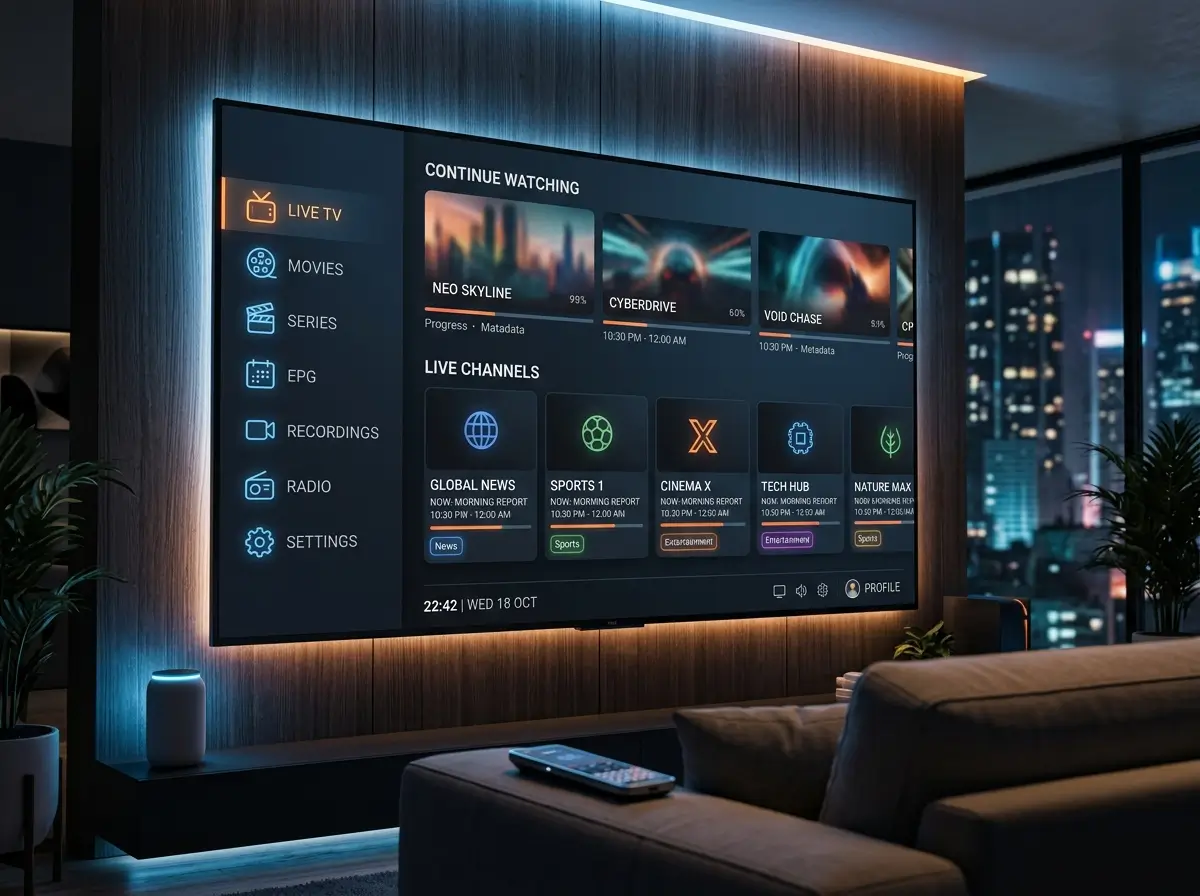 IPTV Smarters inspired streaming dashboard displayed on a modern smart television with generic entertainment categories.