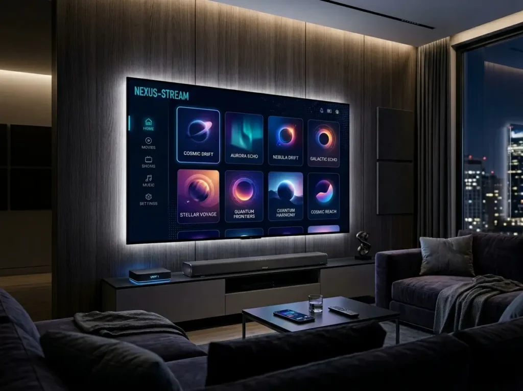 Luxury living room featuring a smart television with a generic IPTV Smart Player inspired streaming interface.