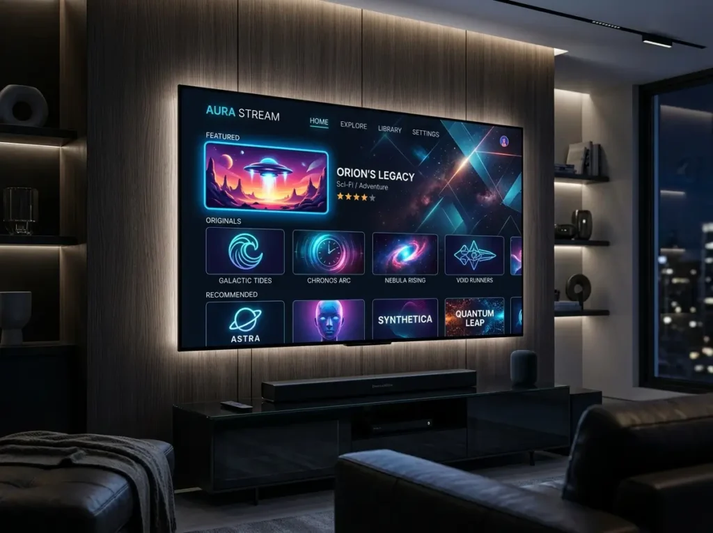 Luxury smart home setup featuring a television with a generic Smart IPTV inspired streaming interface.