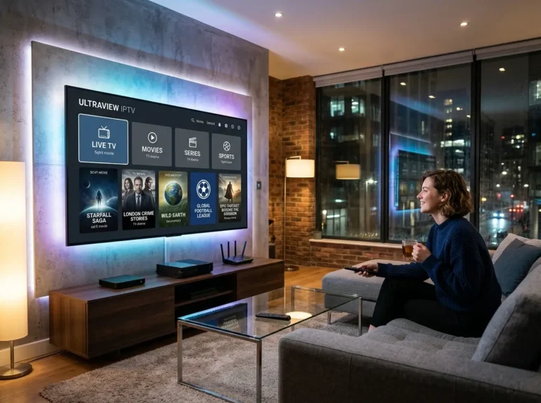 Luxury living room featuring a smart television displaying a generic UK IPTV inspired streaming interface.