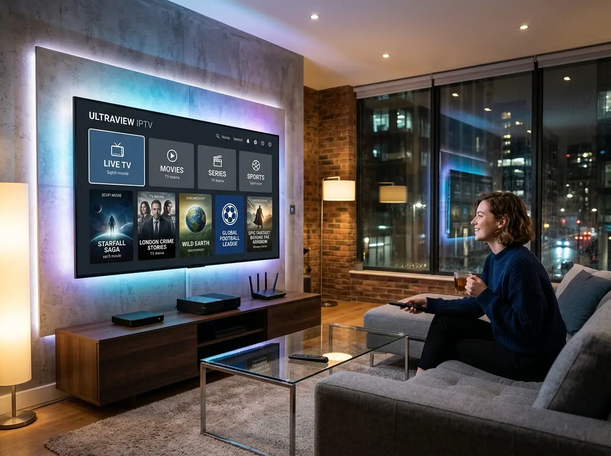 Luxury living room featuring a smart television displaying a generic UK IPTV inspired streaming interface.