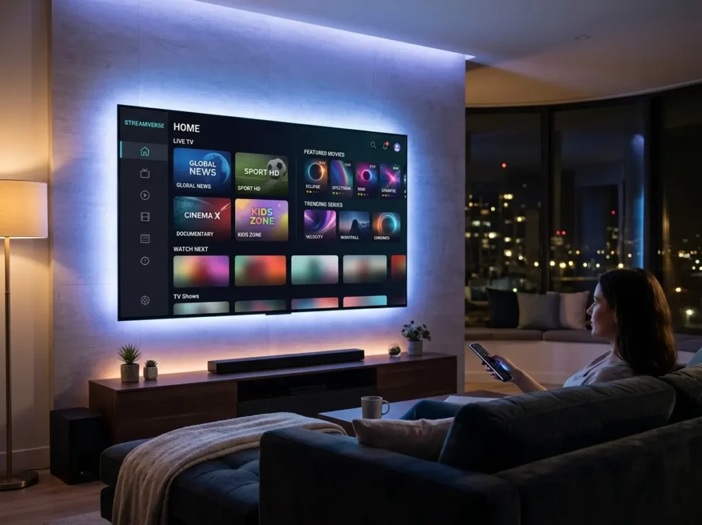 Futuristic IPTV Smarters inspired media platform with abstract streaming panels and wireless connectivity visuals.