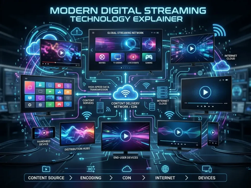Generic smart TV connected to multiple digital devices illustrating the concept of what IPTV is.